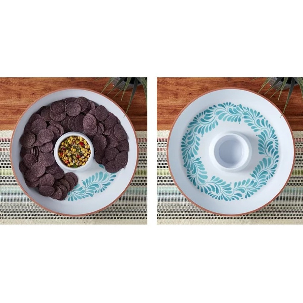 Infuse Chip & Dip Platter 16-Inch White Aqua Lebrillo Melamine Serving Tray - Picture 2 of 3